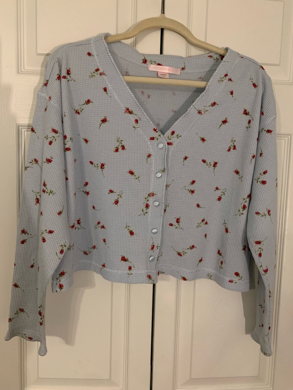 Victoria's Secret PINK floral waffle knit cropped long-sleeve top. Size Large